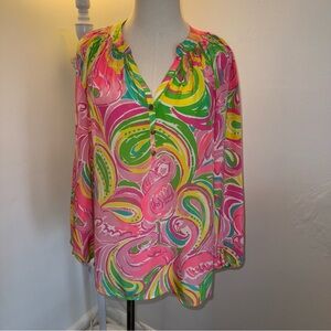 Lilly Pulitzer Women’s M Elsa Silk Top in All Nighter Multi Pink Yellow Green